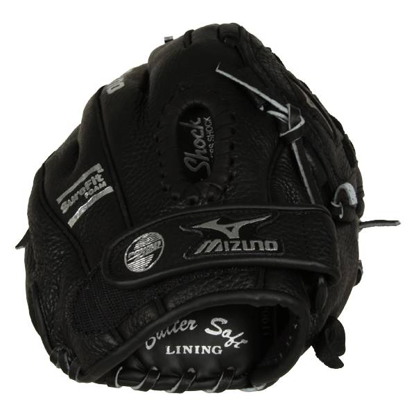 Front view of a black baseball glove with Mizuno logo, Shock, SureFit Foam, and Outer Soft Lining text.