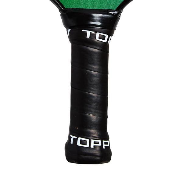 Close-up of a black pickleball paddle grip with white TOPP branding.