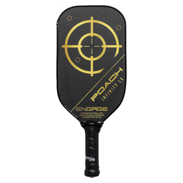 Front view of a black pickleball paddle with a gold target, POACH INFINITY LX text, and ENGAGE logo.