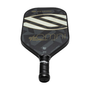 Top-down view of a black pickleball paddle with gold and white stripes, Omni text, and a textured grip.