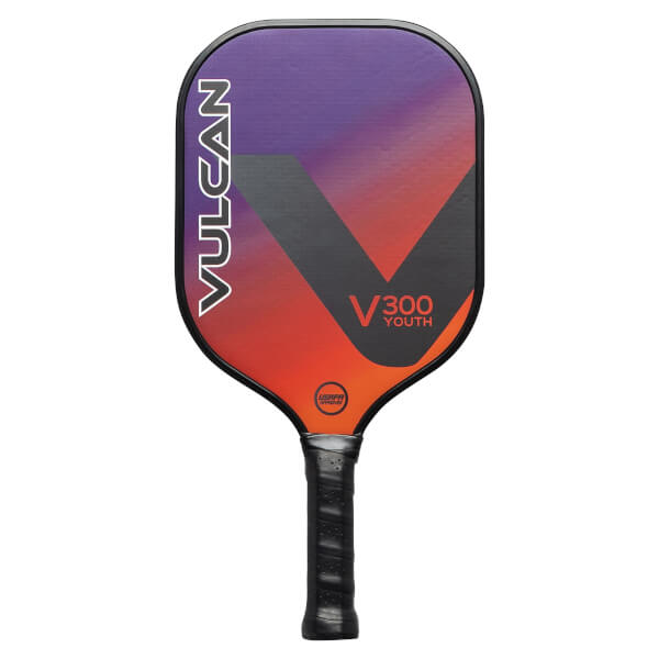 Front view of a purple and orange pickleball paddle with a black V graphic and Vulcan branding.