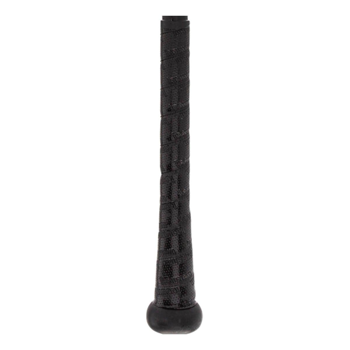 Close-up of a black baseball bat grip with a textured pattern and a black end cap.