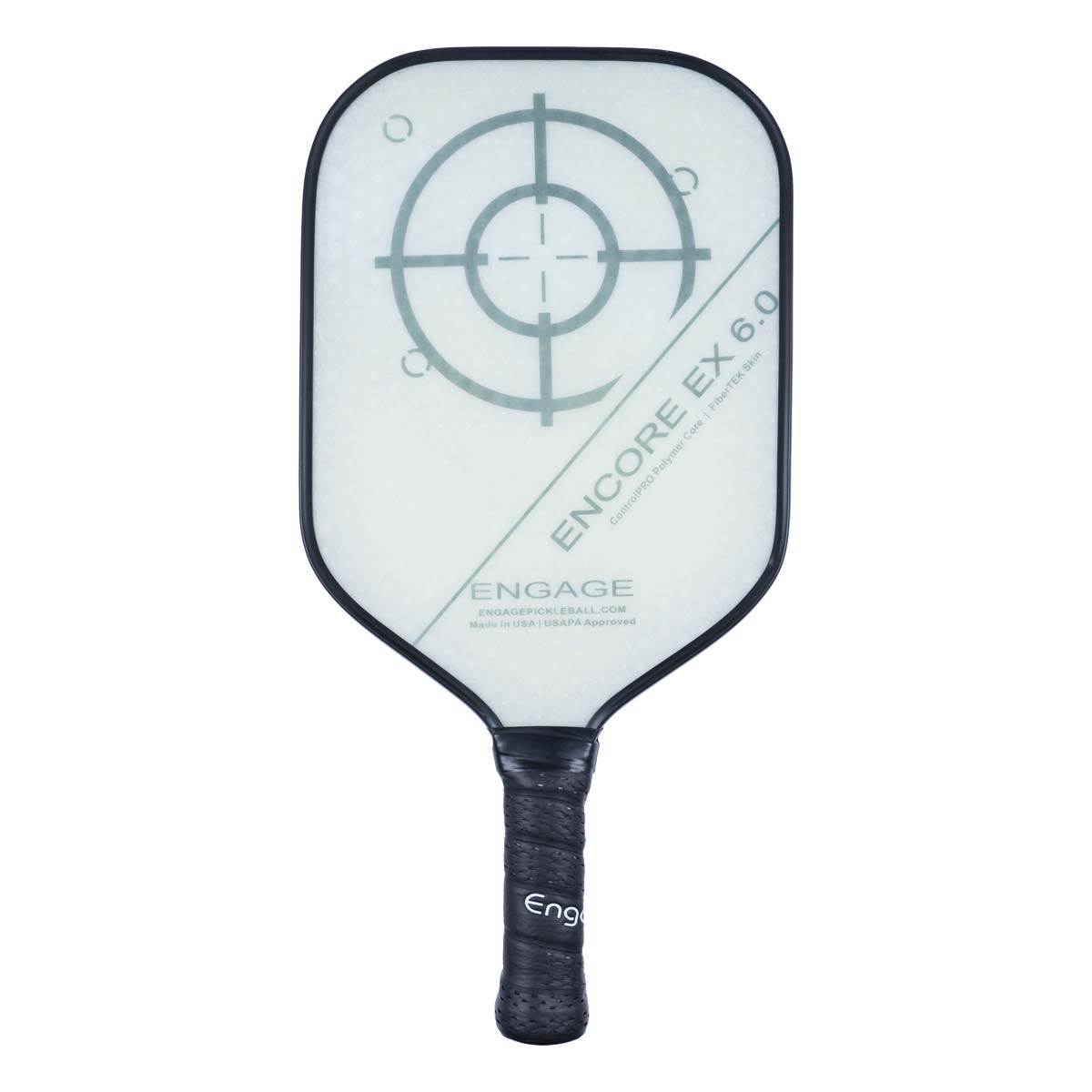 Front view of a white pickleball paddle with a target design, ENCORE EX 6.0, and ENGAGE branding.