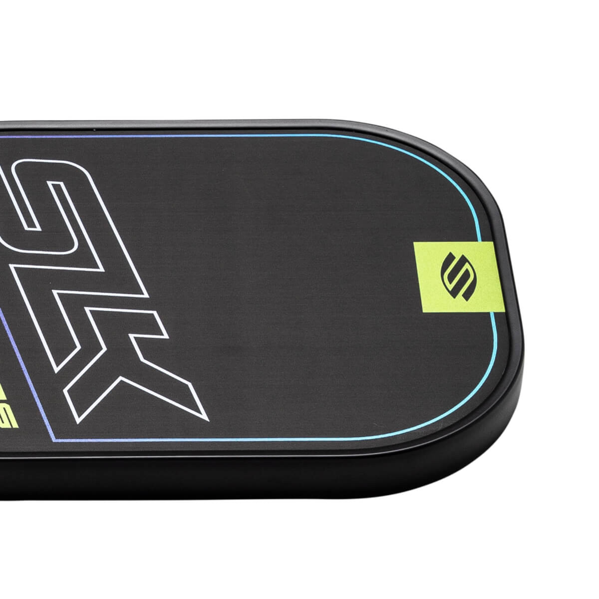 Corner view of a black pickleball paddle with white and blue graphic accents and a green SLK logo.