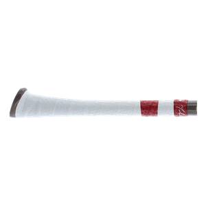 Side view of a white baseball bat with red grip tape and a dark knob.