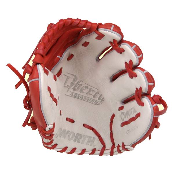 Interior view of a scarlet red baseball glove with white palm, Liberty Advanced and WORTH branding.