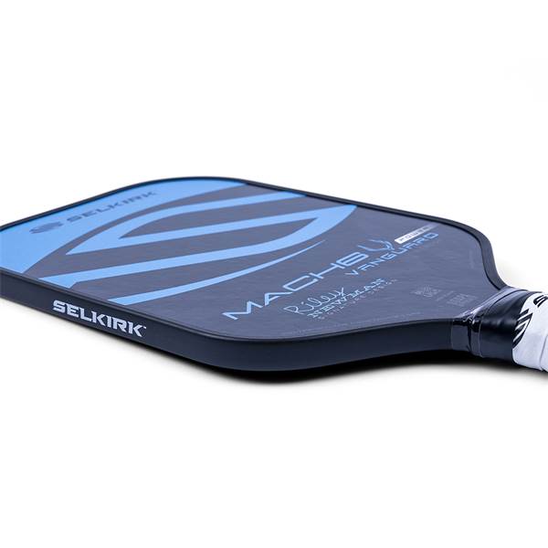 Side view of a black pickleball paddle with blue Selkirk branding and MACH 6 text.