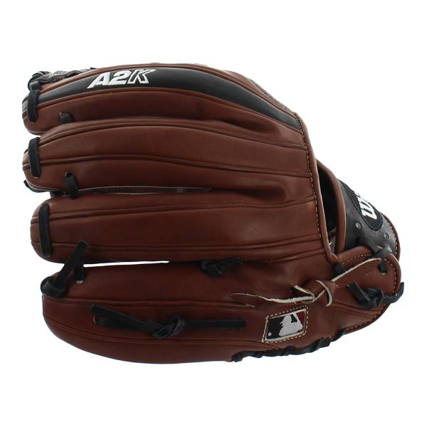 Side view of a brown baseball glove with A2K branding and MLB logo.