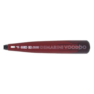 Side view of a red DeMarini Voodoo baseball bat with VBC 25 and 50-3 markings.