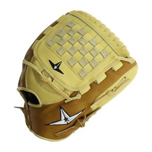 Top-down view of a tan fastpitch softball glove with a woven web and black star logos.