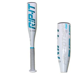 Side view of a white fastpitch softball bat with blue RIP-IT branding and a gray grip.