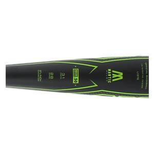Side view of a black baseball bat with green accents, Mantic Alloy branding, and BBCOR .50 certification.