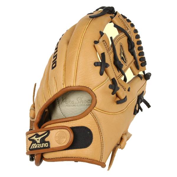Top-down view of a tan fastpitch softball glove with black lacing and a Mizuno logo.