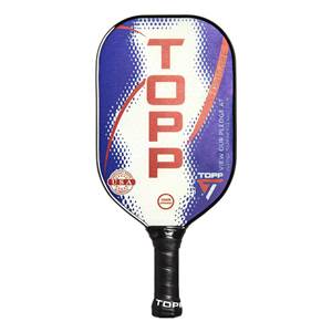 Front view of a white, blue, and red pickleball paddle with TOPP logo, USA seal, and USAPA APPROVED text.