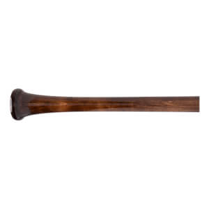 Side view of a dark wood baseball bat with a flared knob.