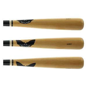 Side view of three natural wood baseball bats with black bat logos and SAM97 branding.
