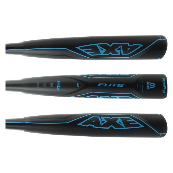 Side view of a black baseball bat with blue AXE and ELITE branding.
