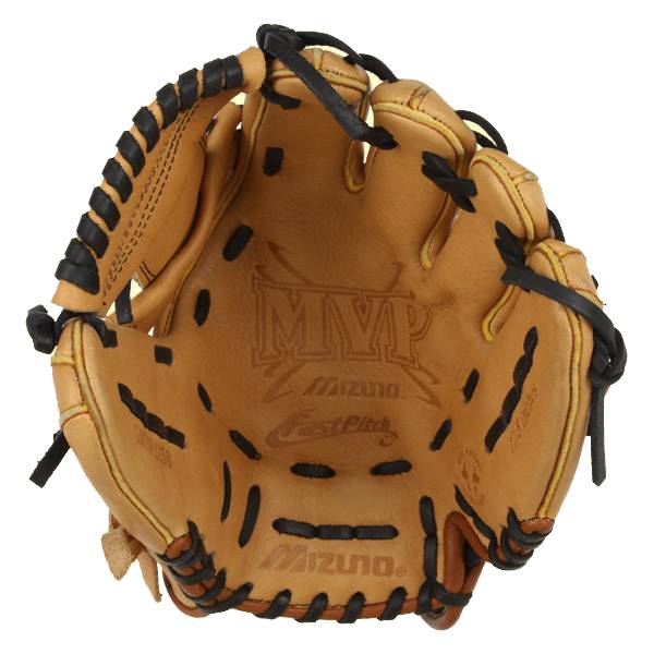 Inside view of a tan Mizuno MVP Fastpitch glove with black lacing and embossed branding.
