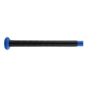 Side view of a blue and black softball bat with a textured black grip.