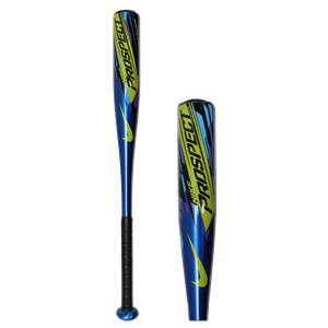 Side view of a blue Nike Prospect tee ball bat with a black grip and yellow Nike swoosh.