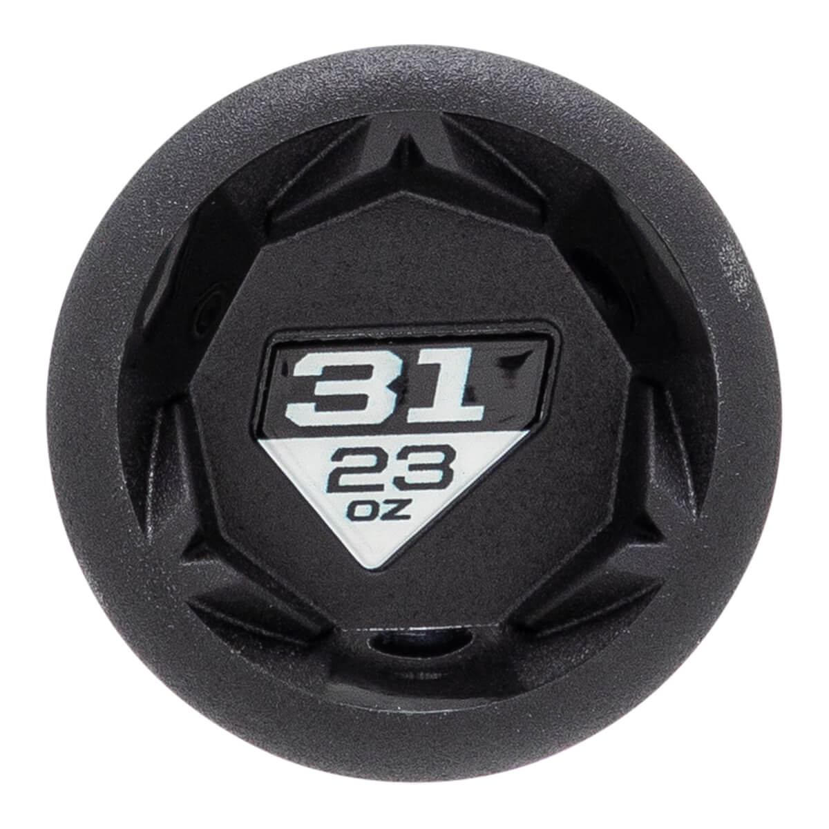 Top-down view of a black baseball bat with a textured end cap and a white diamond logo showing 31 23 OZ.