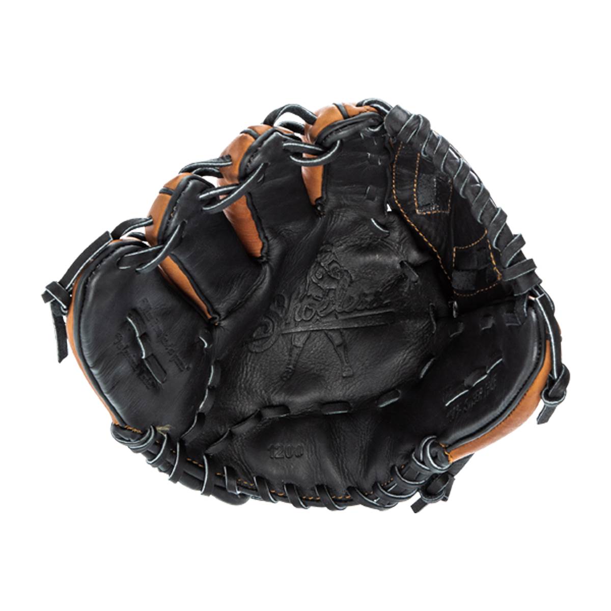 Top-down view of a black baseball glove with tan accents and white stitching.