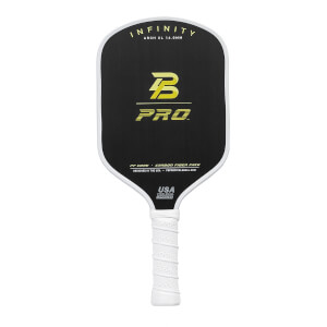 Front view of a black pickleball paddle with yellow B PRO logo and white grip.