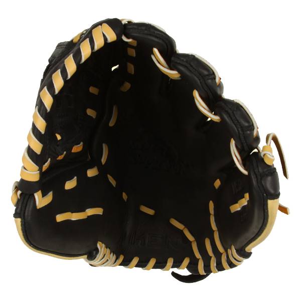 Interior view of a black fastpitch glove with tan lacing and MIKEN embossed on the palm.