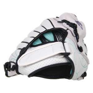 Side view of a white youth softball glove with black lacing and teal accents.