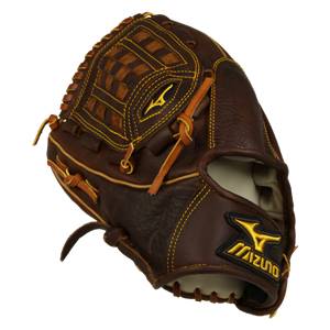 Side view of a brown baseball glove with yellow stitching and a Mizuno logo.