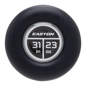 End cap view of a black Easton baseball bat with 31 in and 23 oz markings.