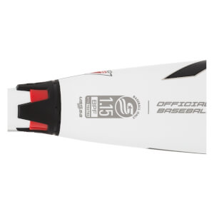 Side view of a white baseball bat with black and red accents, USSSA logo, and OFFICIAL BASEBALL text.