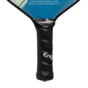 Close-up of a black pickleball paddle grip with perforations and the Eng logo.