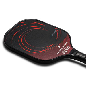 Top-down view of a black and red pickleball paddle with WAVE TEMPEST and PADDLETEK text.