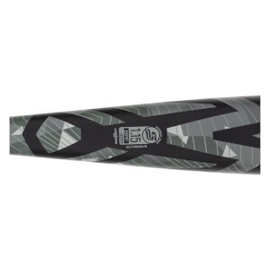 Close-up of an Easton baseball bat in black and gray with a geometric camo pattern and USSSA 1.15 BPF stamp.