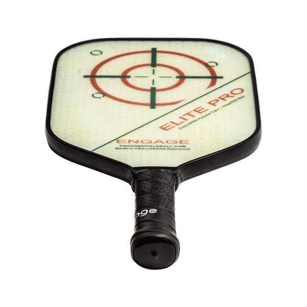 Top-down view of a white pickleball paddle with a target design, ELITE PRO text, and black grip.