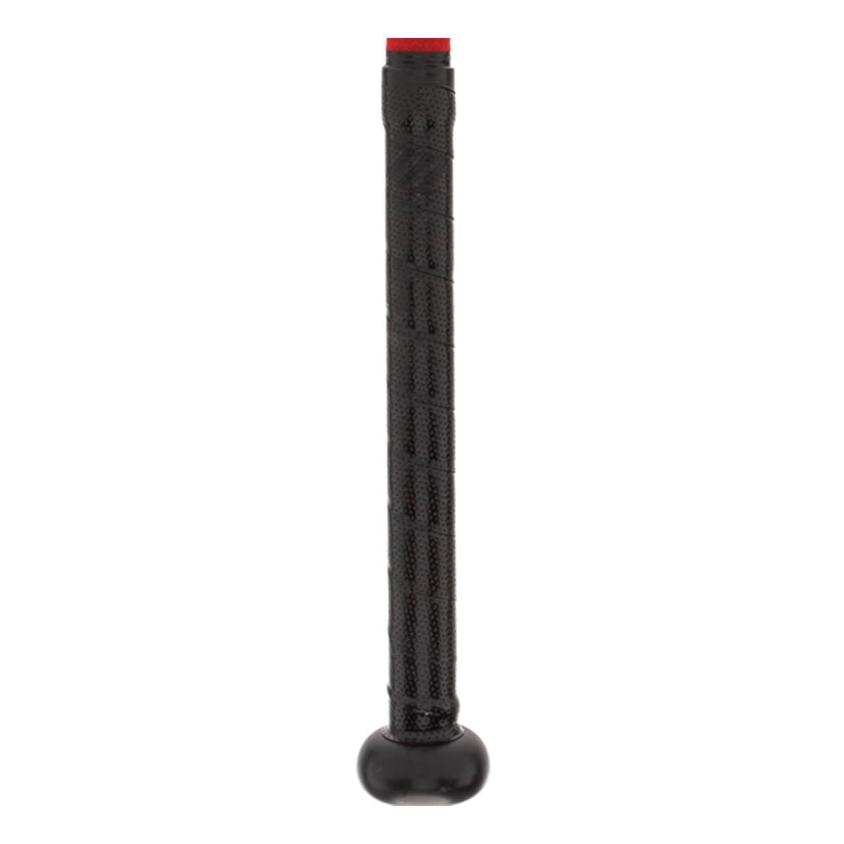 Side view of a black fastpitch softball bat with a textured grip and red end cap.