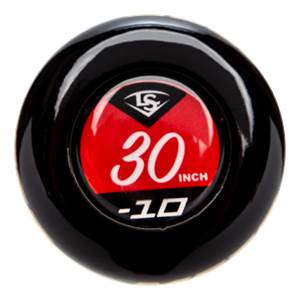 End cap view of a black baseball bat with red and white LS logo, 30 inch, and -10 markings.