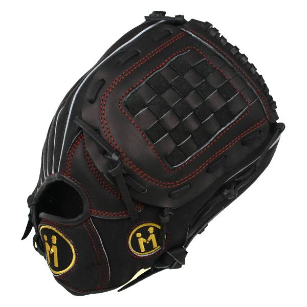 Front view of a black baseball glove with red stitching and gold M logos.