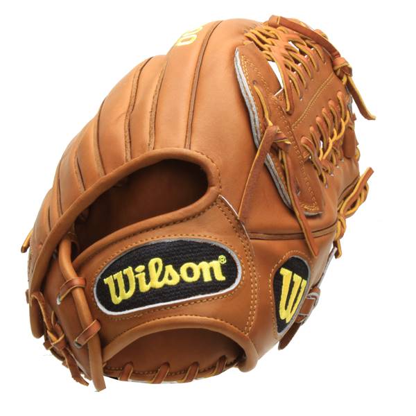 Side view of a tan baseball glove with a black Wilson logo patch and a yellow W logo.