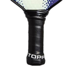 Close-up of a black pickleball paddle grip with white TOPP branding.