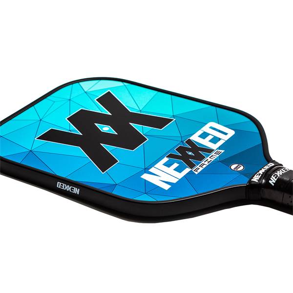 Top-down view of a blue pickleball paddle with black Nexxed logo and Prime text.