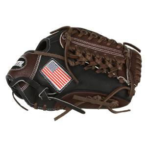 Side view of a brown and black baseball glove with an American flag patch and white stitching.