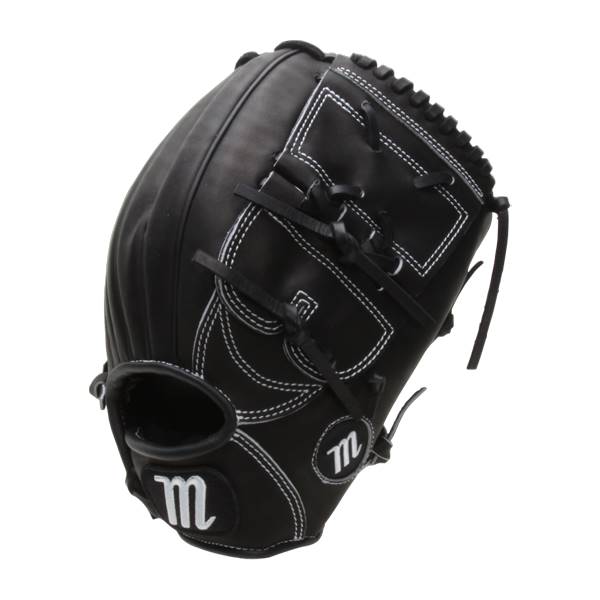 Side view of a black baseball glove with white stitching and m logos.