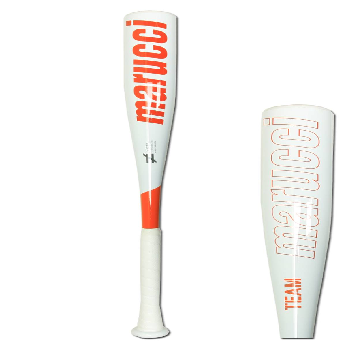 Front view of a white baseball bat with orange Marucci branding and white grip.