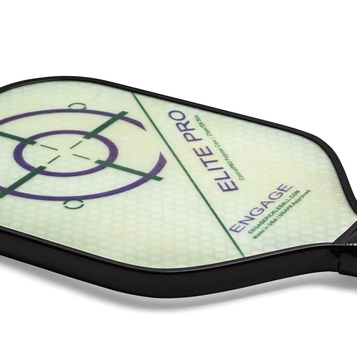 Corner view of a white pickleball paddle with purple target and ELITE PRO text.