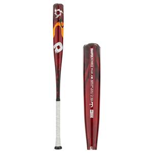 Side view of a red baseball bat with a dragon graphic and DEMARINI VOODOO text.