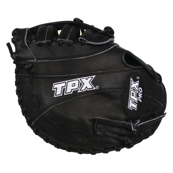 Front view of a black baseball mitt with white TPX branding and a deep pocket.