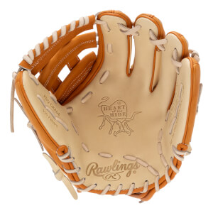 Front view of a tan baseball glove with Rawlings and Heart of the Hide logos.