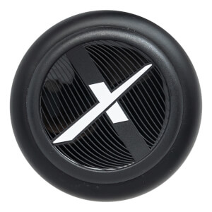 End view of a black baseball bat with a white X logo and ribbed texture.